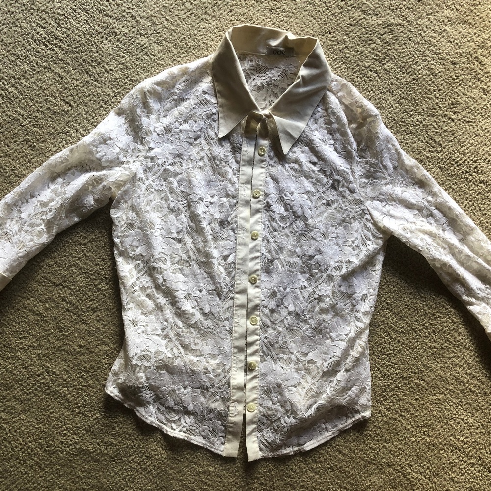 Cache Stretchy White Lace Button Blouse Top S